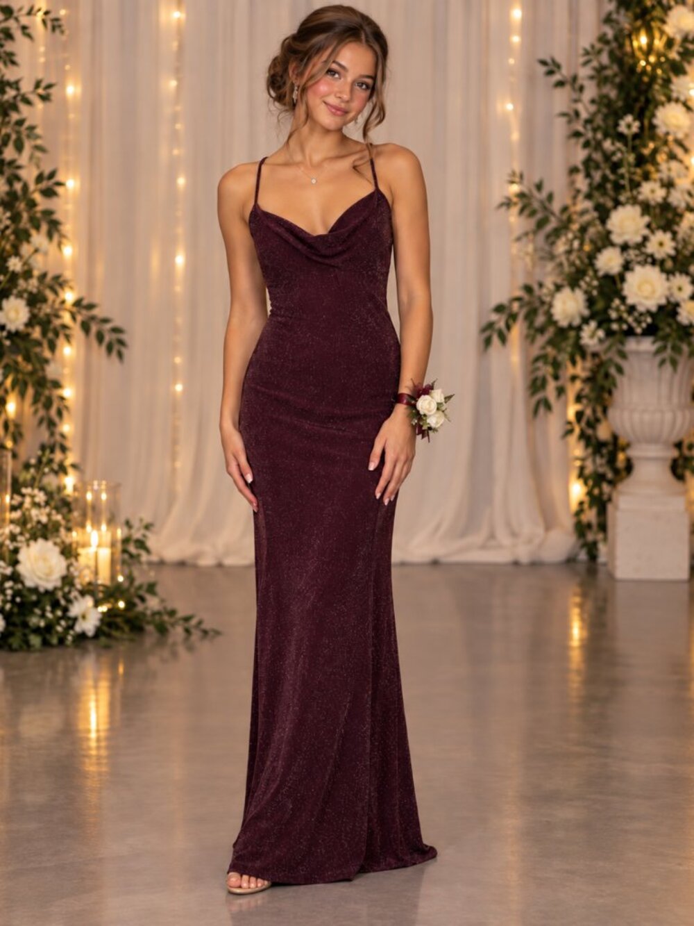 Misope Plum Sparkle Cowl Formal Dress • size large